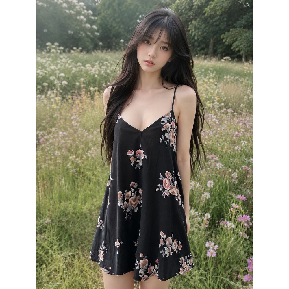 Midnight Blossoms strappy caged back floral Slip dress M/L